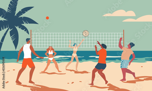 Group of people playing volleyball on the beach. Men and women doing sports by the sea. Simple flat style illustration. Summer activities