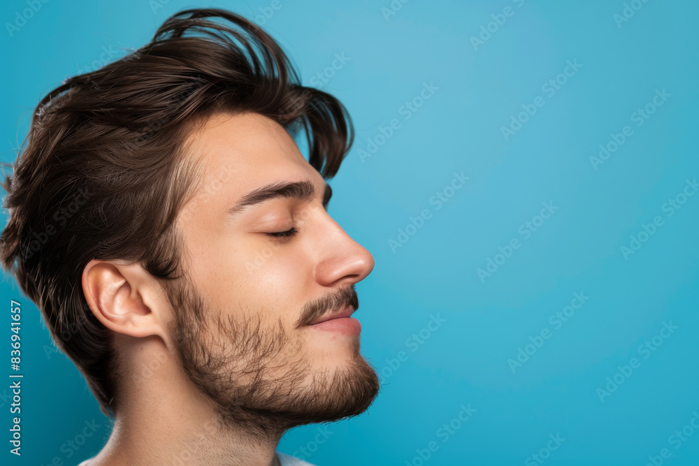 Fototapeta premium A close up of a man with beard and closed eyes looking to a side