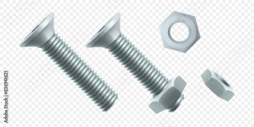 Isometric vector illustration steel bolt or screw isolated on white background. Realistic 3d stainless steel bolt and nut icon. screw-nuts and bolts.
