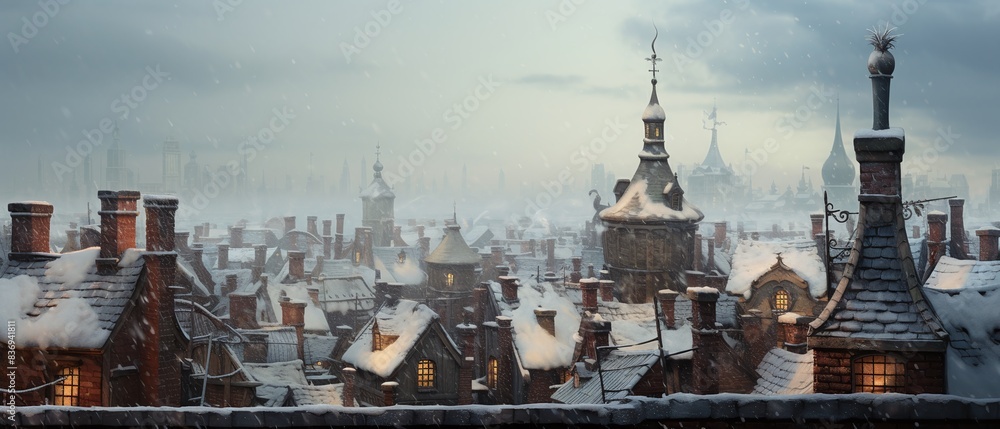 Fototapeta premium Snowy Christmas Rooftop Scene with Festive Decorations