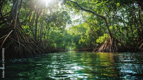 A dense mangrove forest along a coastline, with its tangled roots providing a vital habitat for various marine species and protecting the shore from erosion. photo