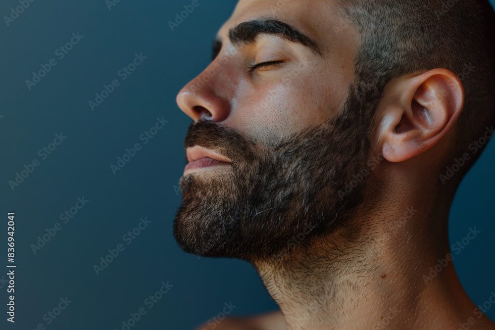 Obraz premium A close up of a man with beard and closed eyes looking to a side