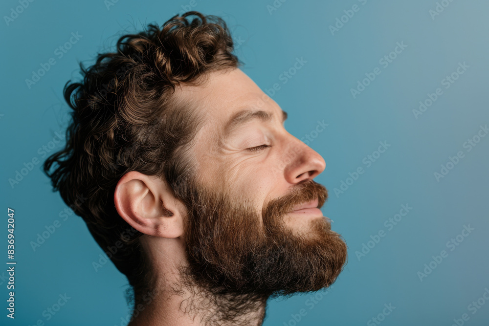 Fototapeta premium A close up of a man with beard and closed eyes looking to a side