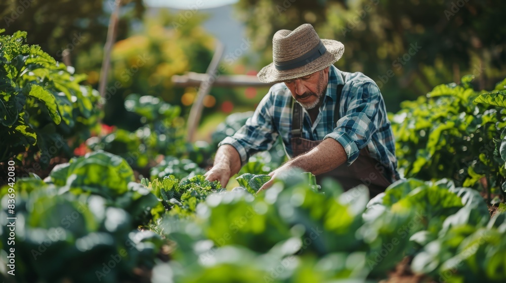 A farmer tending to a vibrant organic vegetable garden, showcasing sustainable agriculture practices that benefit both the environment and local communities. A farmer tending to a vibrant organic vegetable garden, showcasing sustainable agriculture practices that benefit both the environment and local communities.