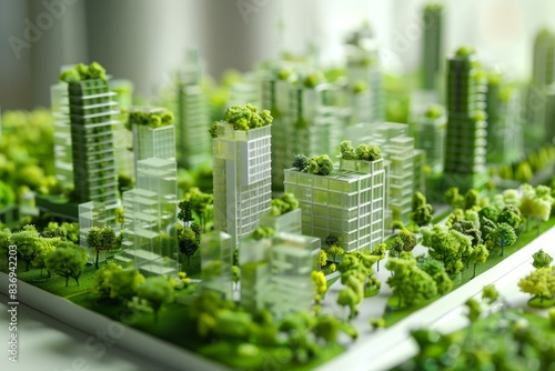Detailed miniature ecocity model display showcasing sustainable green architecture. Futuristic cityscape. And efficient urban planning with renewable energy and ecological design © ylivdesign