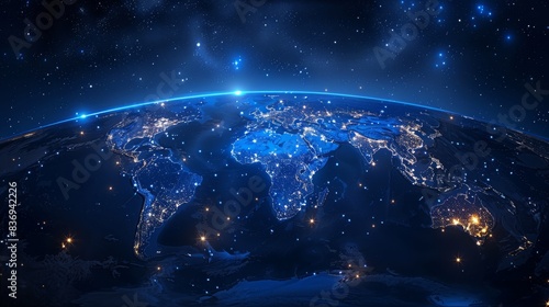 Dark blue pure background, shining stars on the world map, Asian plate in the middle position of the image, flat angle, no curvature of the Earth. Generative AI.