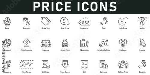 Price Icons vector illustration with thin line editable stroke containing product, low price, expense, value, discount, retail price, wholesale price, invoice, shopping, price range, bill, estimate