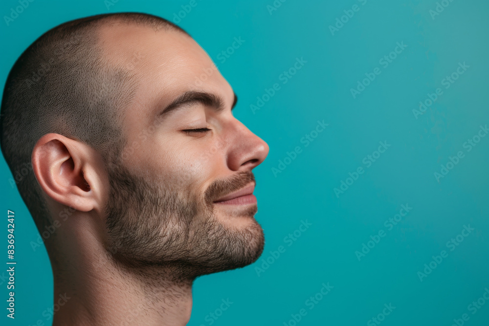 A close up of a man with beard and closed eyes looking to a side
