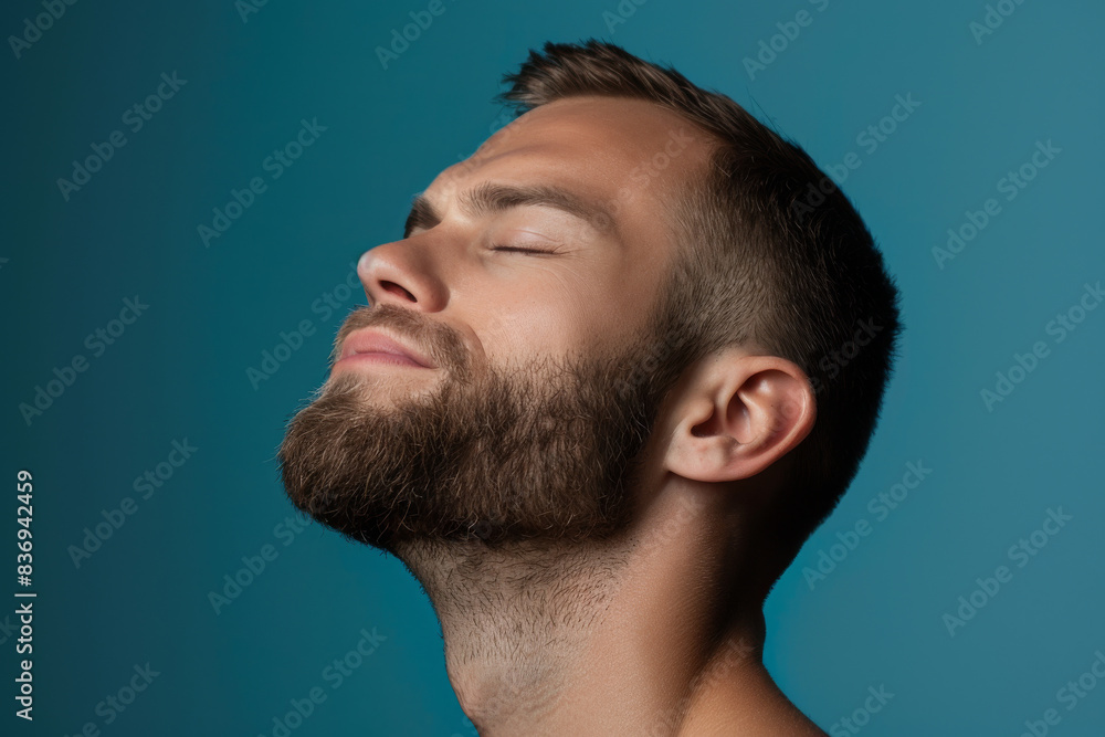 Fototapeta premium A close up of a man with beard and closed eyes looking to a side
