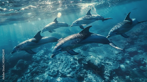 A group of playful dolphins swimming together in crystal-clear blue waters  their sleek bodies gliding effortlessly through the ocean  illustrating the freedom and joy of marine an