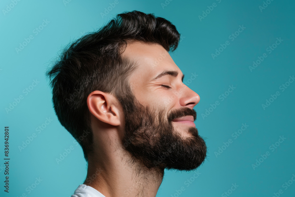 Fototapeta premium A close up of a man with beard and closed eyes looking to a side