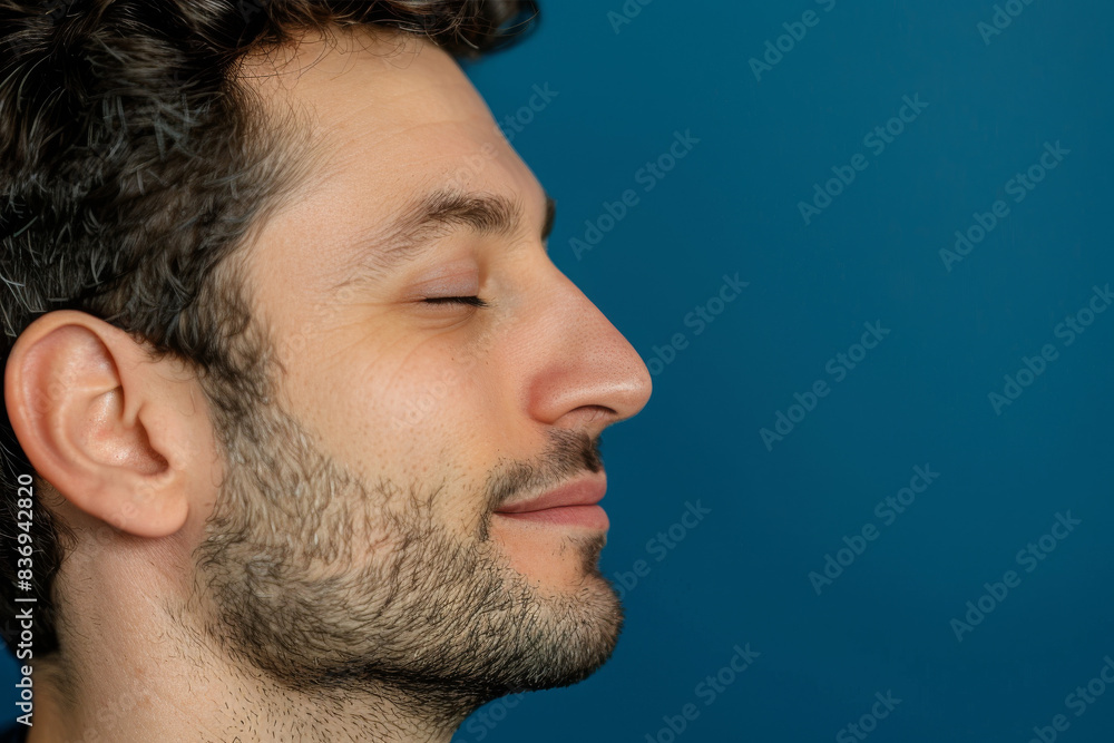 Fototapeta premium A close up of a man with beard and closed eyes looking to a side