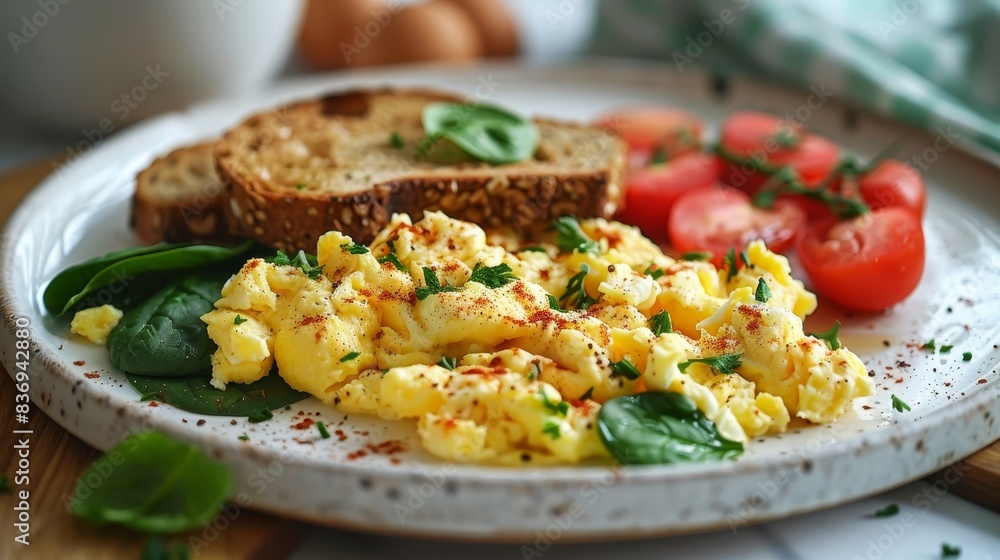 A healthy breakfast plate featuring scrambled eggs, spinach, and tomatoes, served with whole grain toast and a side of fresh fruit, presented elegantly on a white plate. A healthy breakfast plate featuring scrambled eggs, spinach, and tomatoes, served with whole grain toast and a side of fresh fruit, presented elegantly on a white plate.