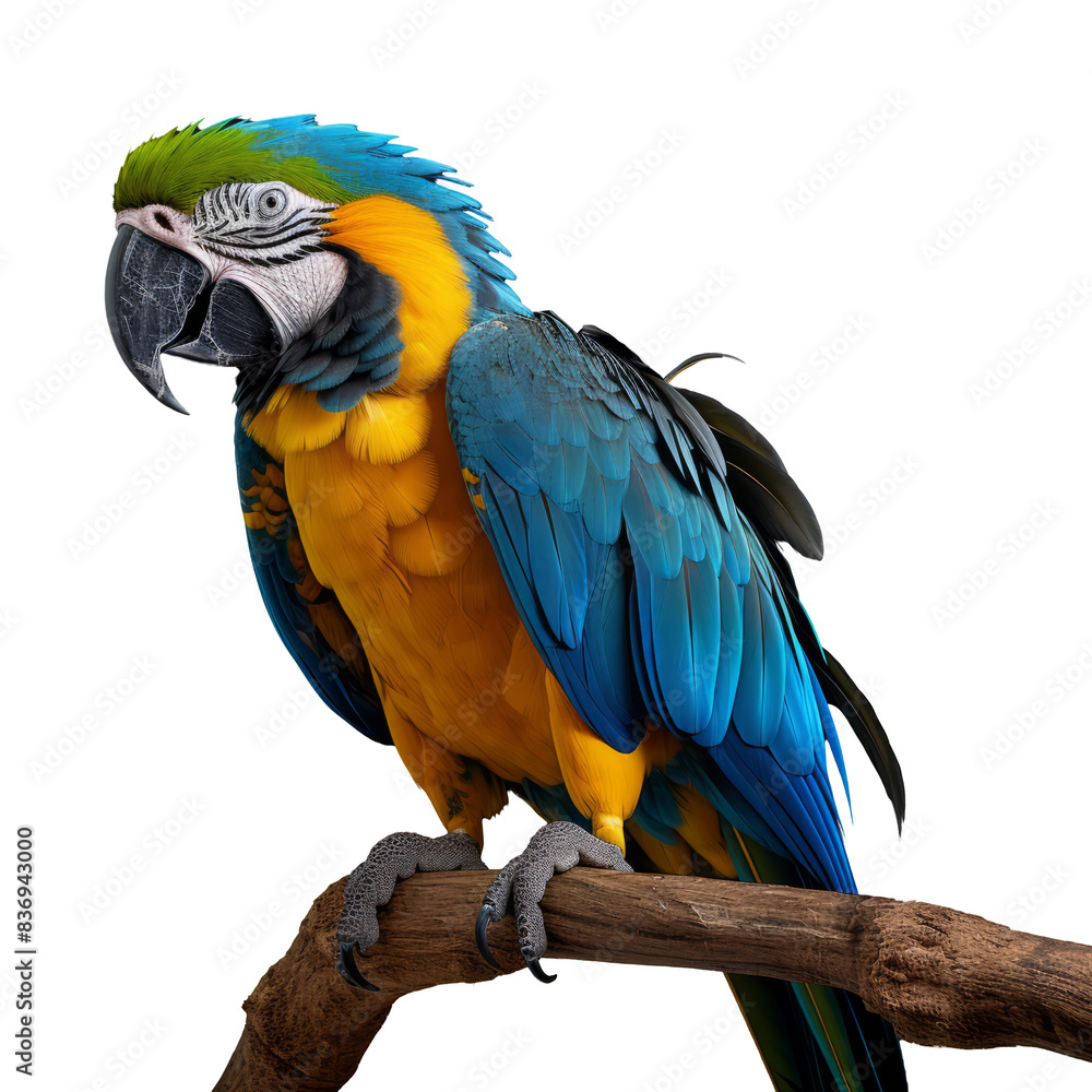 Fototapeta premium Stunning Blue and Yellow Macaw Photograph: Capture the vibrant essence of this exotic bird in a full-body image, perfect for enhancing any wildlife collection.