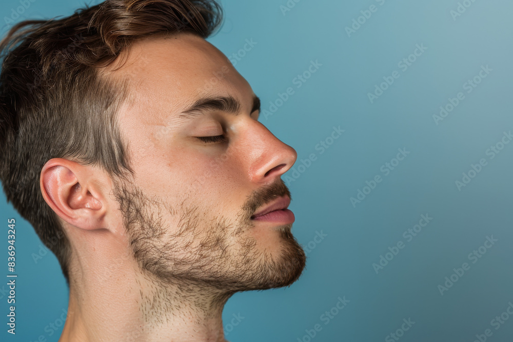Fototapeta premium A close up of a man with beard and closed eyes looking to a side