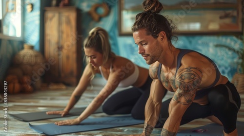 A man and a woman doing partner stretches in a yoga studio, helping each other improve flexibility and strength as part of their daily workout. © MAY