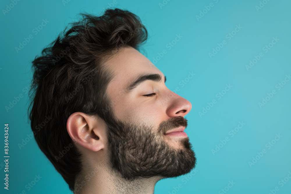 Fototapeta premium A close up of a man with beard and closed eyes looking to a side