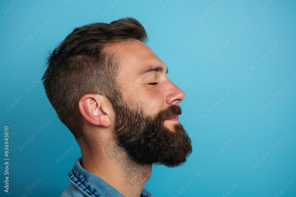 Obraz premium A close up of a man with beard and closed eyes looking to a side