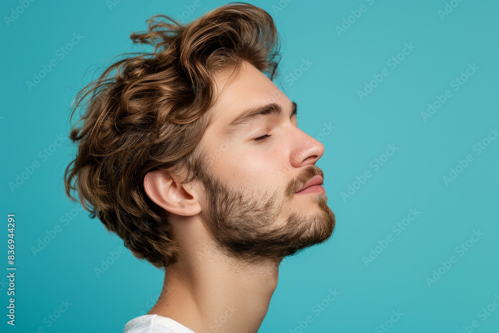 Obraz premium A close up of a man with beard and closed eyes looking to a side