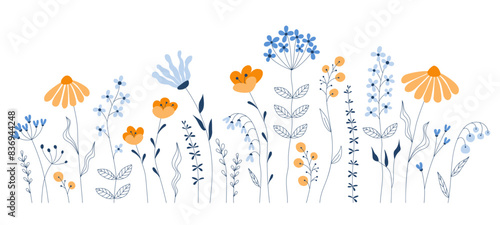 Horizontal background with beautiful colorful flowers and leaves. Spring botanical flat vector illustration on white background for banners, flyers, invitations, posters