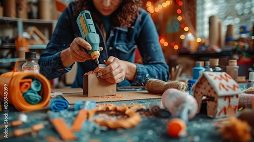 A person using a hot glue gun to assemble pieces of a DIY craft project, with materials like cardboard, fabric, and decorative items spread out on a table. photo