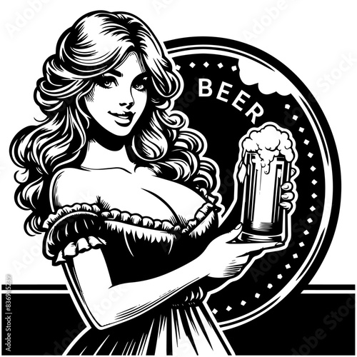 A black and white vintage-style illustration depicting a woman with long, wavy hair, wearing a traditional dirndl dress. She is holding a frothy beer mug in one hand and smiling. 