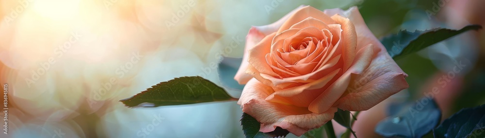 Single rose in full bloom, peach hues contrasted against a calm, cool background, portrait of solitary beauty Single rose in full bloom, peach hues contrasted against a calm, cool background, portrait of solitary beauty