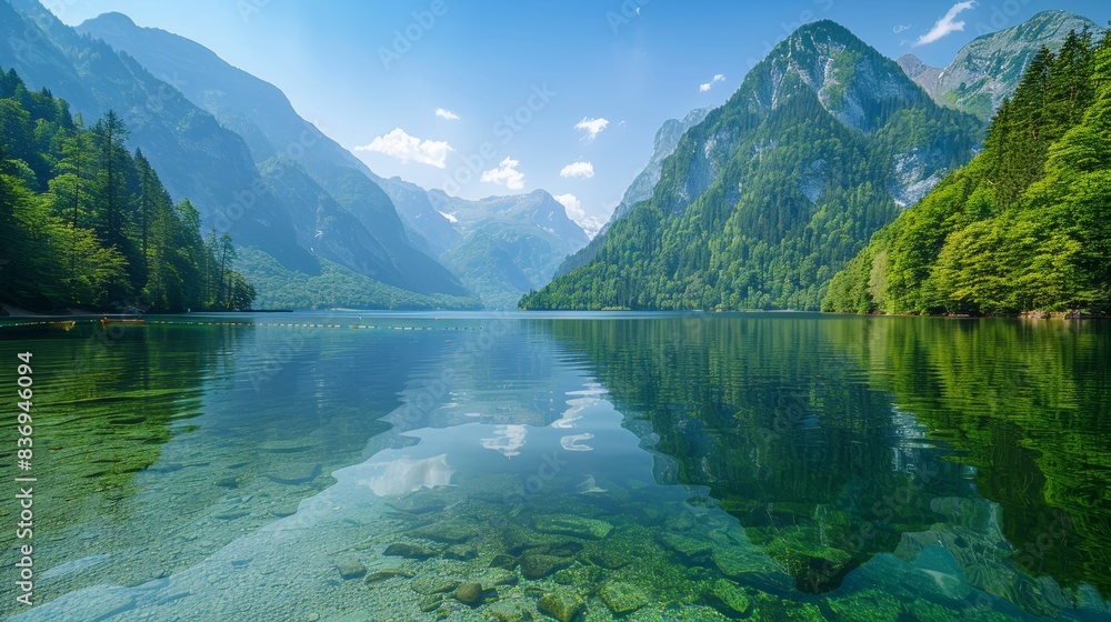 A serene lake with crystal clear water, reflecting the surrounding mountains and forest, emphasizing the importance of conserving natural water resources. A serene lake with crystal clear water, reflecting the surrounding mountains and forest, emphasizing the importance of conserving natural water resources.
