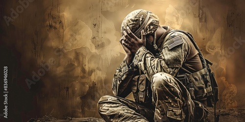 Stressed Soldier Sitting with Head in Hands photo