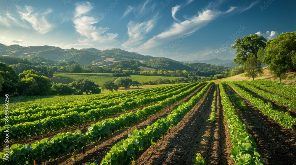 A serene landscape of a lush, organic farm with rows of green crops under a clear blue sky, highlighting sustainable agricultural practices. A serene landscape of a lush, organic farm with rows of green crops under a clear blue sky, highlighting sustainable agricultural practices.
