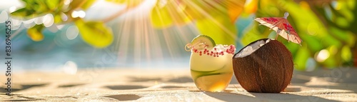 Luxury holiday concept with a coconut drink accessorized with a mini umbrella on golden sands, evoking a sense of relaxation, perfect for lifestyle magazines