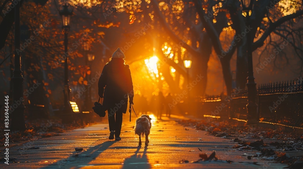 A silhouette of a person walking their dog along a tree-lined street at sunset, with the warm glow of streetlights casting long shadows. A silhouette of a person walking their dog along a tree-lined street at sunset, with the warm glow of streetlights casting long shadows.