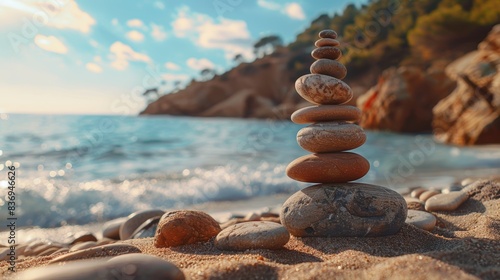 A stack of smooth, balanced stones standing upright on a tranquil beach, symbolizing harmony and equilibrium in nature. photo