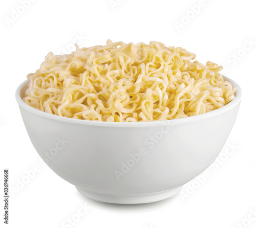 instant noodles with in white bowl isolated on white background with clipping path. Asian and Chinese style fast food concept.