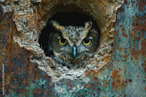 A majestic owl covertly observes from a rustic, corroded aperture © ylivdesign