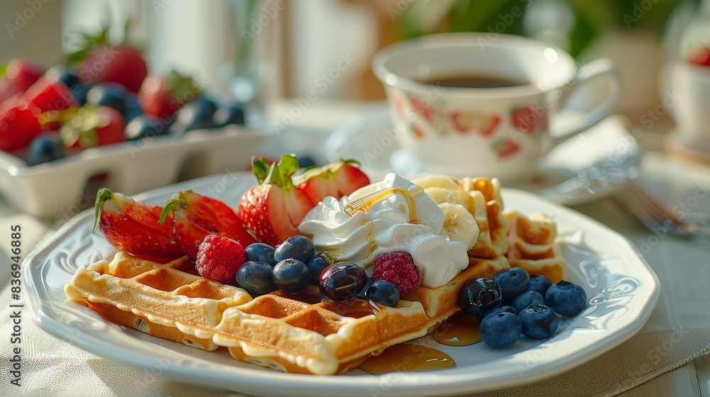 A table setting showcasing a balanced breakfast with whole grain waffles, a selection of fresh fruits, a dollop of Greek yogurt, and a drizzle of honey, accompanied by a cup of fre A table setting showcasing a balanced breakfast with whole grain waffles, a selection of fresh fruits, a dollop of Greek yogurt, and a drizzle of honey, accompanied by a cup of fre
