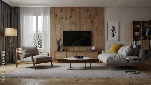 Wallpaper Mural Scandinavian-style minimalist modern living room background rendered in three dimensions Torontodigital.ca
