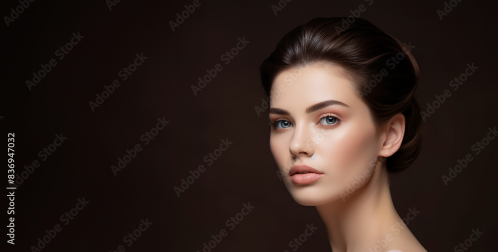 Obraz premium Model girl of luxury and elegance with clean, healthy hair with and glowing, skin natural beauty smooth skin for Care and hair products, wearing natural makeup featuring subtle