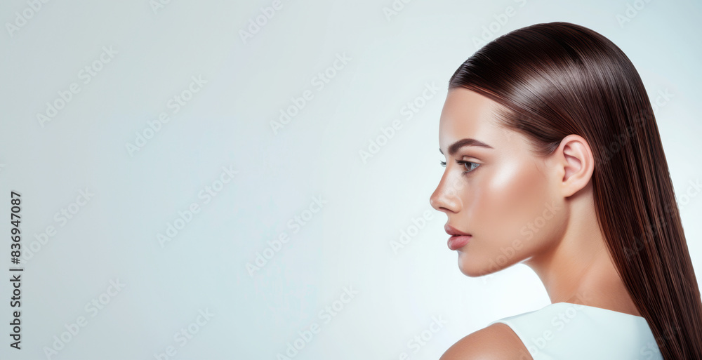 Model girl of luxury and elegance with clean, healthy hair with and glowing, skin natural beauty smooth skin for Care and hair products, wearing natural makeup featuring subtle Model girl of luxury and elegance with clean, healthy hair with and glowing, skin natural beauty smooth skin for Care and hair products, wearing natural makeup featuring subtle