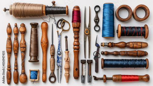 Handcrafted sewing tools and accessories isolated on a white background