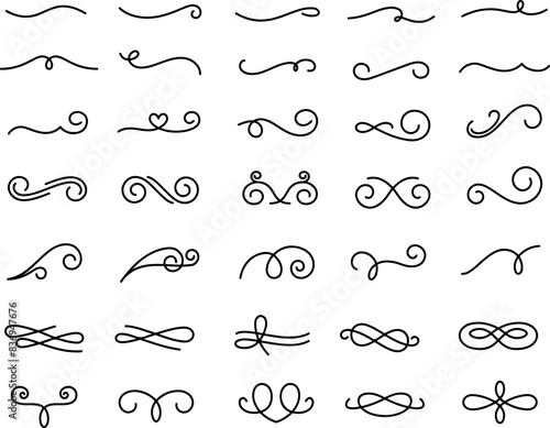 Icon set of ornamental decorative vintage swirls curls swashes. Calligraphic elegant ornament. Stylish text divider. Thin line icons flat vector illustrations isolated on transparent background	