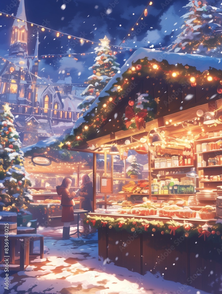 Obraz premium A magical evening at the Christmas market, winter holidays. High quality photo generated by AI