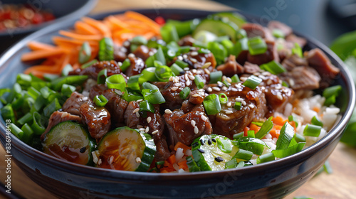 Homemade Asian rice bowl with mushrooms and meat, garnished with fresh vegetables