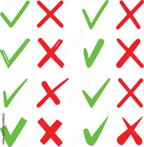 Icon set of green check mark and red wrong marks. Flat vector icon illustrations isolated on transparent background	
