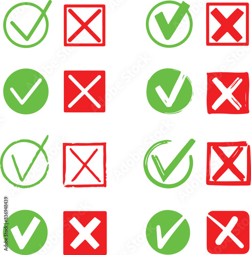 Icon set of green check mark and red wrong marks. Flat vector icon illustrations isolated on transparent background	