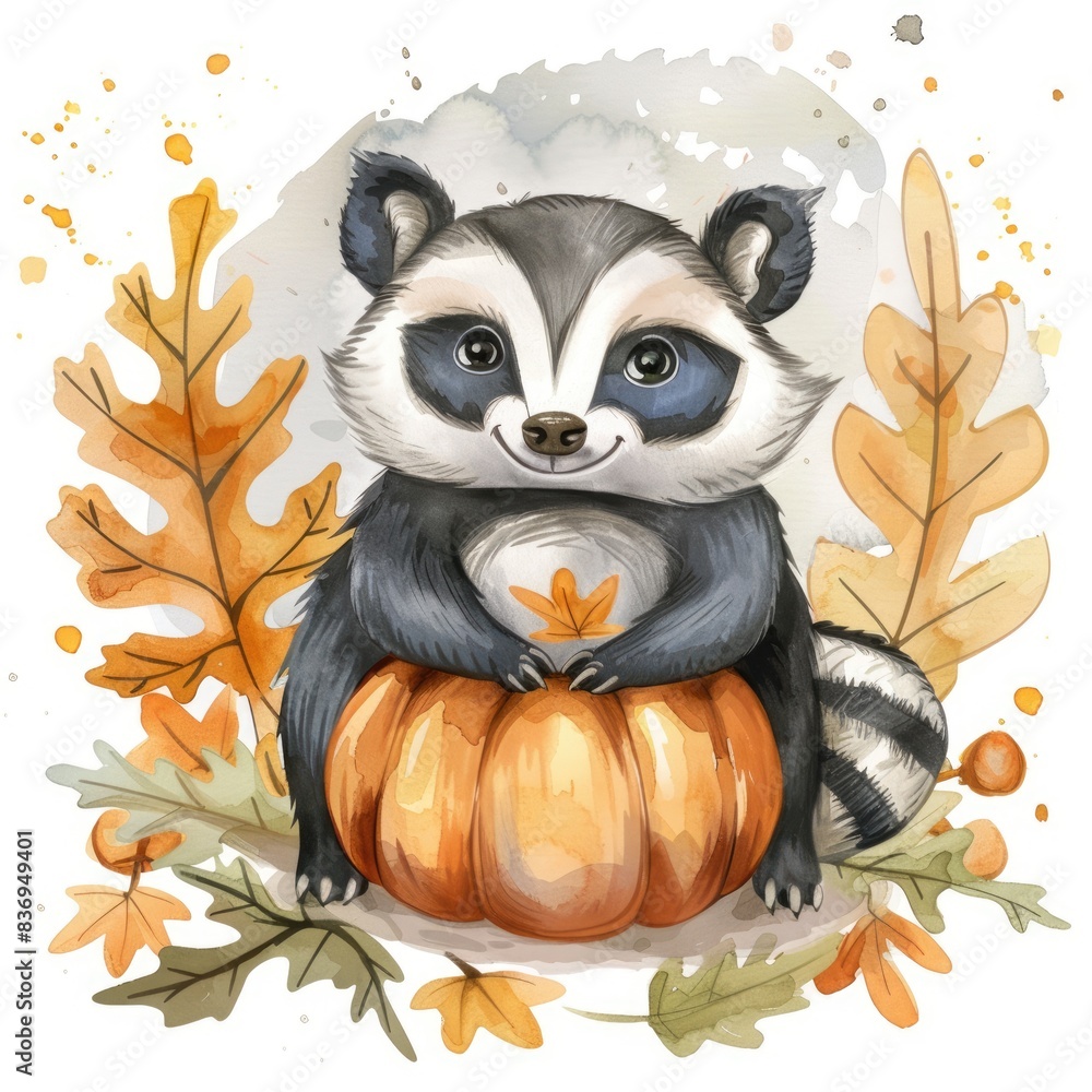 Hand-painted Badger and Pumpkin Cartoon Illustration for Autumn Theme Print and Invitation Design Hand-painted Badger and Pumpkin Cartoon Illustration for Autumn Theme Print and Invitation Design