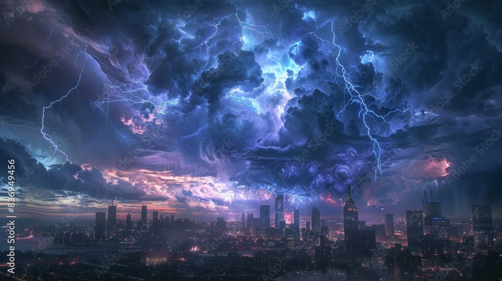 Dark storm clouds gathering over a city skyline, with lightning bolts illuminating the sky, indicating an approaching severe weather event. Dark storm clouds gathering over a city skyline, with lightning bolts illuminating the sky, indicating an approaching severe weather event.
