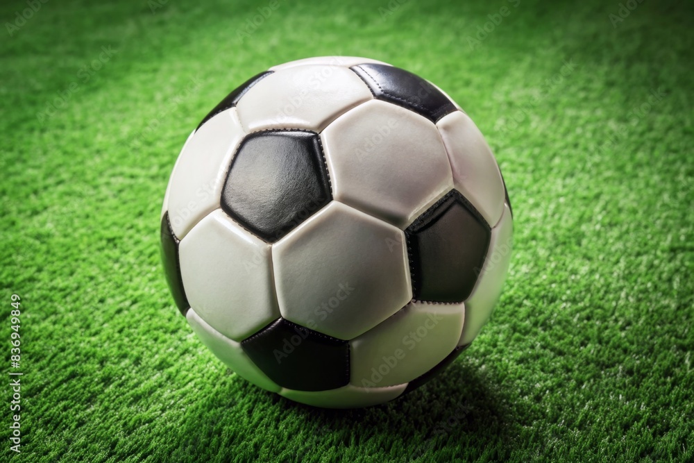 Lone leather black and white pentagon soccer ball on green pitch, soccer, ball, leather, black, white, pentagon, sport, green, pitch, grass, field, game, competition, equipment, round