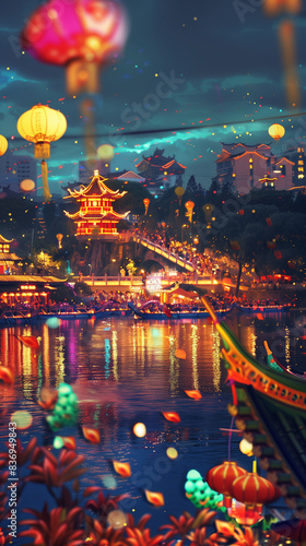 Colorful lantern festival by the river with boat