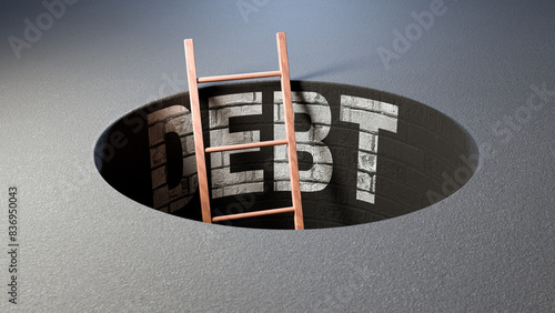 3d rendering of a deep hole in floor with DEBT spelled out along the side wall.  A wooden ladder is in the hole symbolizing the climb out of debt.